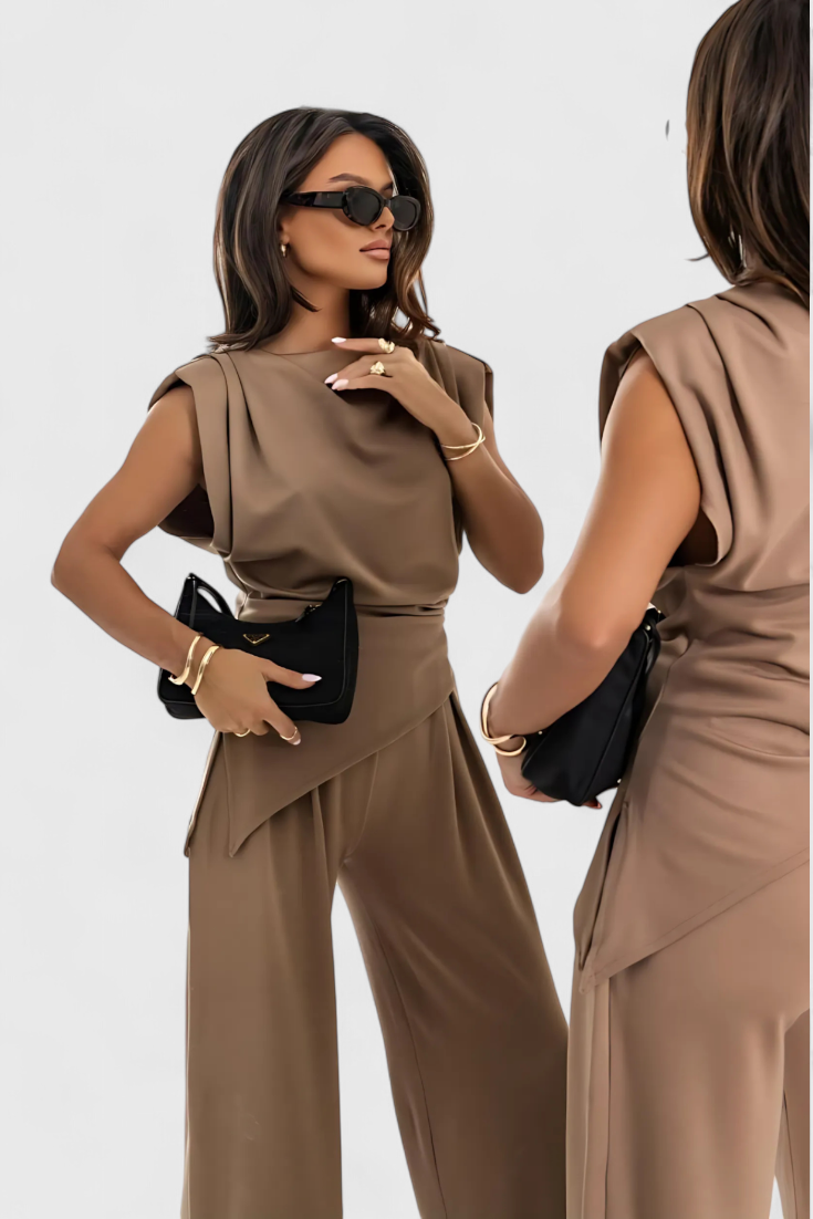 Ambra Asymmetrical Set with Draped Shoulders and Flared Pants