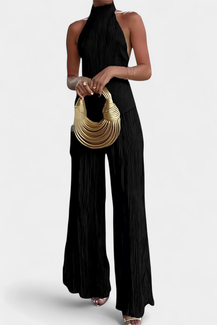 Nicoletta Halter Neck Asymmetrical Top with Wide-Leg Pants Set