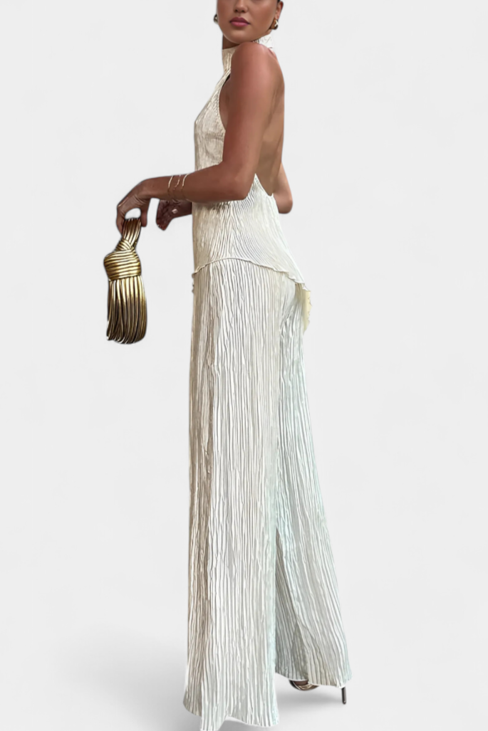 Nicoletta Halter Neck Asymmetrical Top with Wide-Leg Pants Set