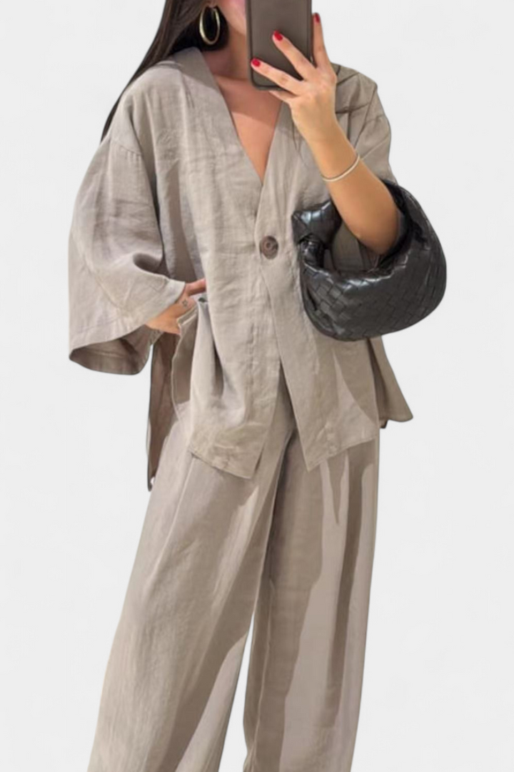 Linda V-Neck Top with Straight-Leg Pants Set