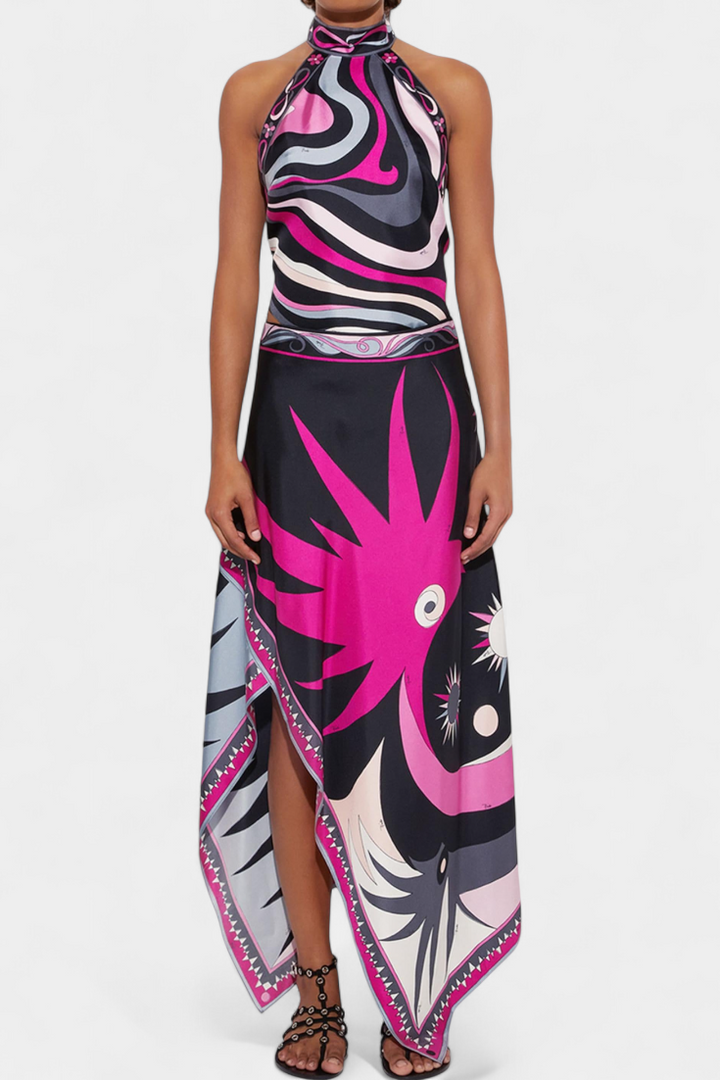 Lavinia Halter Top and A-Line Skirt Set in Black and Pink Abstract Design