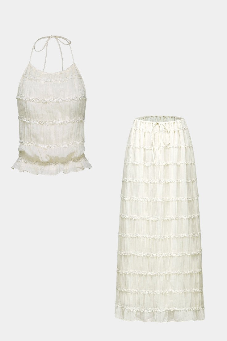 Serena Halter Neck Pleated Ensemble with Flowing High-Waisted Skirt