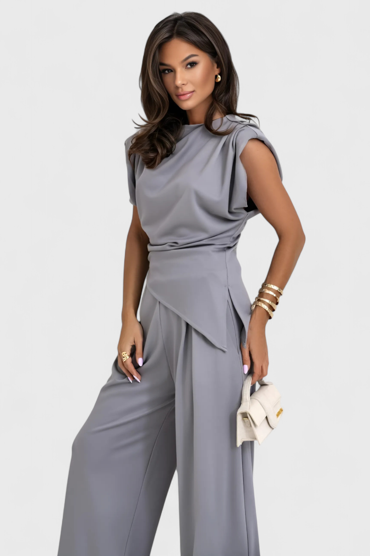 Ambra Asymmetrical Set with Draped Shoulders and Flared Pants