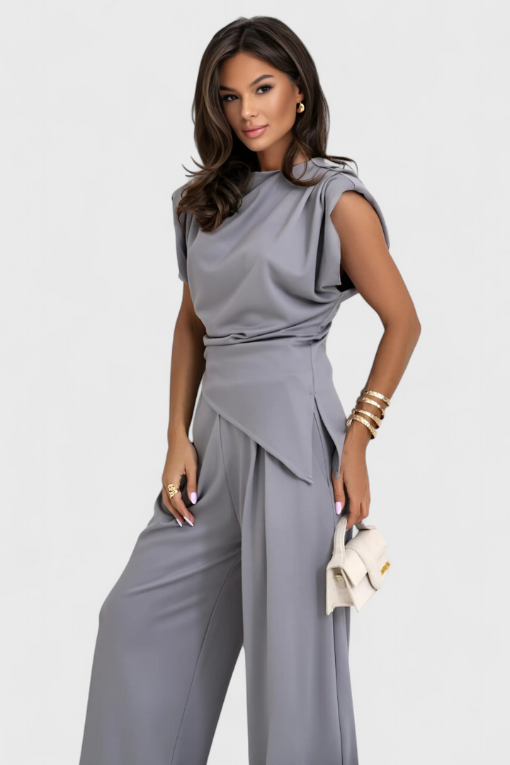 Ambra Asymmetrical Set with Draped Shoulders and Flared Pants