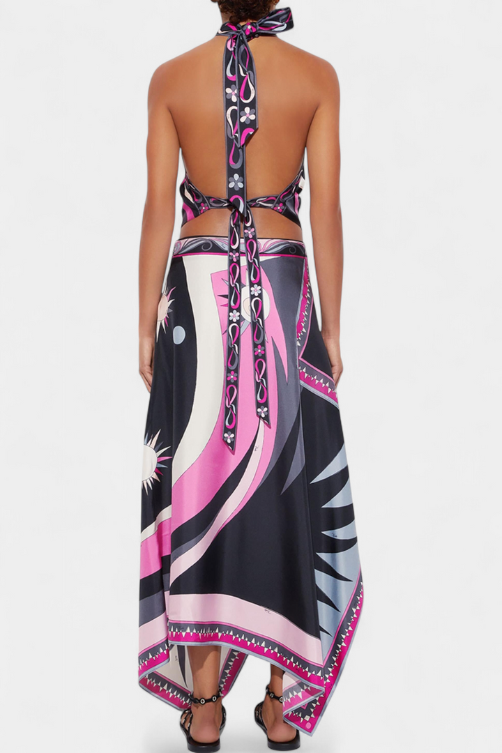 Lavinia Halter Top and A-Line Skirt Set in Black and Pink Abstract Design