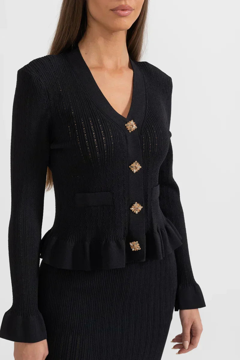 Sofia Knit Ensemble: Ruffled Cardigan and Flared Midi Skirt