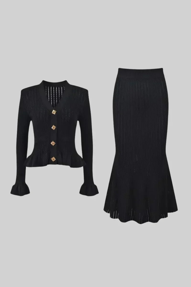 Sofia Knit Ensemble: Ruffled Cardigan and Flared Midi Skirt
