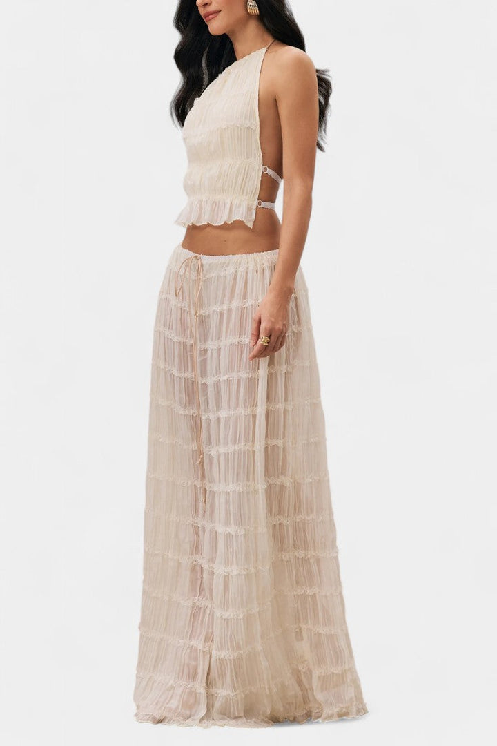 Serena Halter Neck Pleated Ensemble with Flowing High-Waisted Skirt