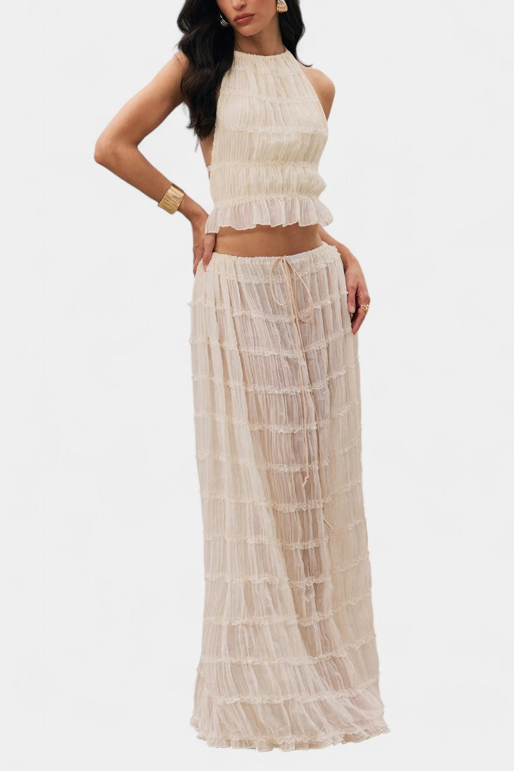 Serena Halter Neck Pleated Ensemble with Flowing High-Waisted Skirt