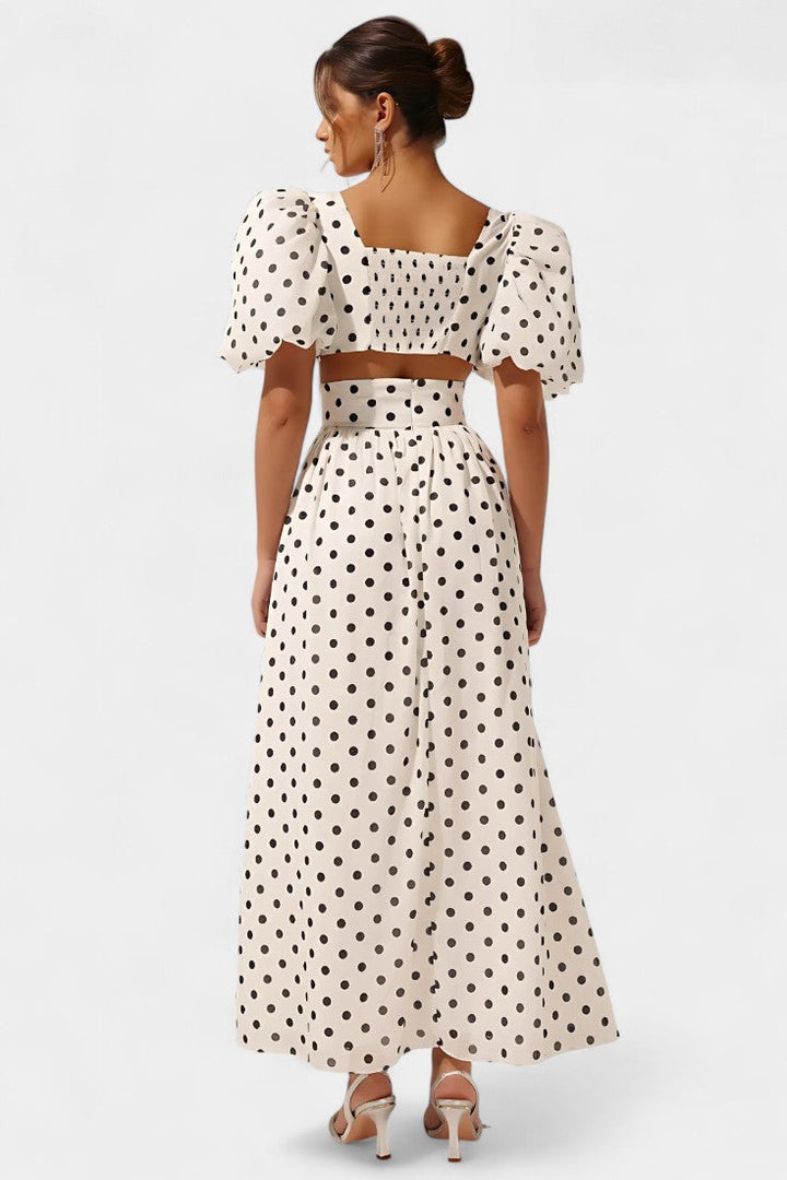 Graziella Polka Dot Ensemble: Puff Sleeve Top with Front Slit Skirt