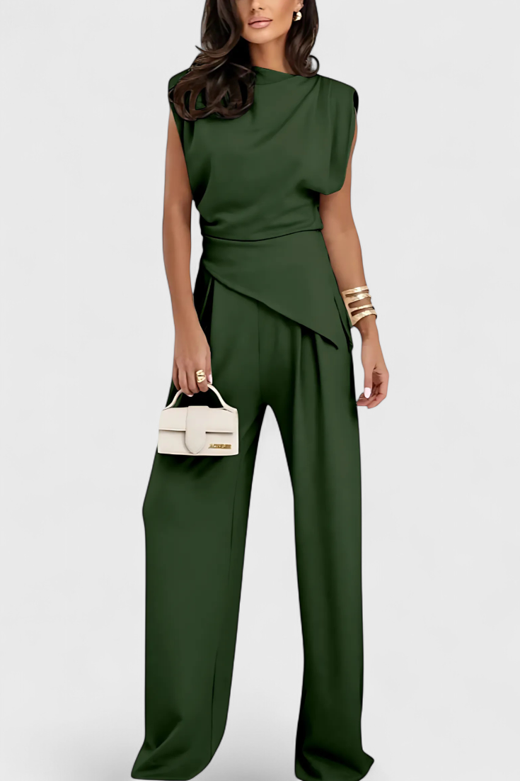 Ambra Asymmetrical Set with Draped Shoulders and Flared Pants