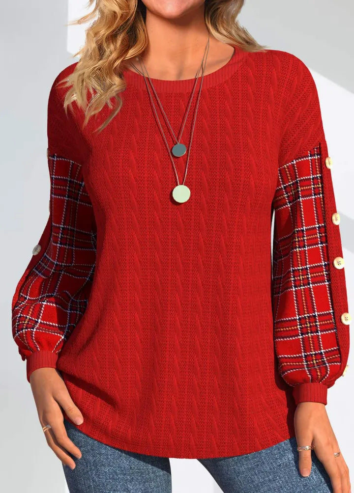 Zita | Red Knit Sweater with Checkered Sleeves
