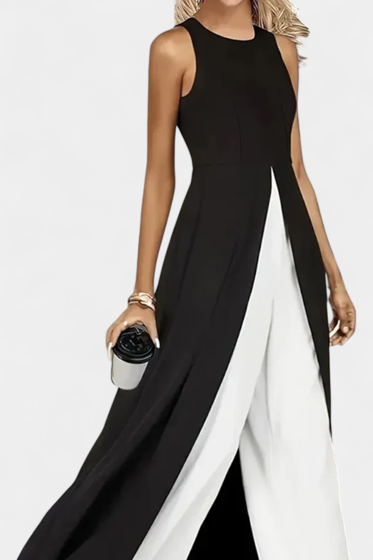 Arianna Two-Tone Sleeveless Layered Long Set with Flared Pants