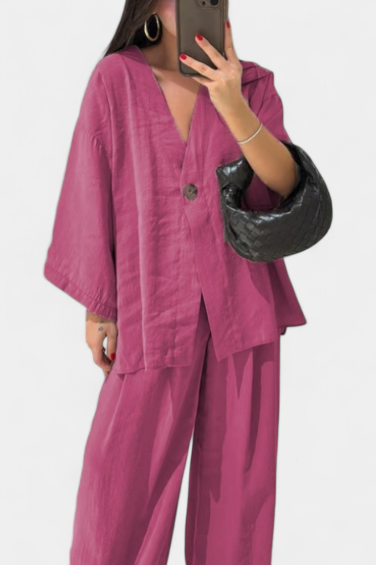 Linda V-Neck Top with Straight-Leg Pants Set