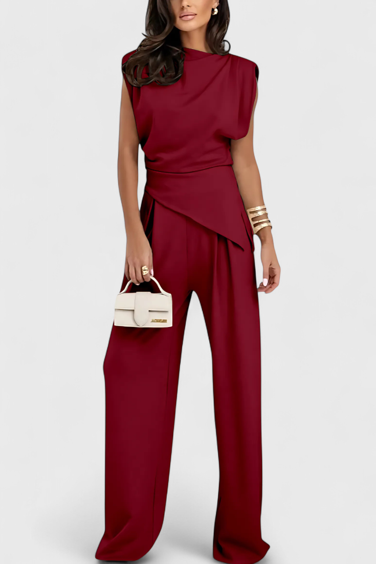 Ambra Asymmetrical Set with Draped Shoulders and Flared Pants