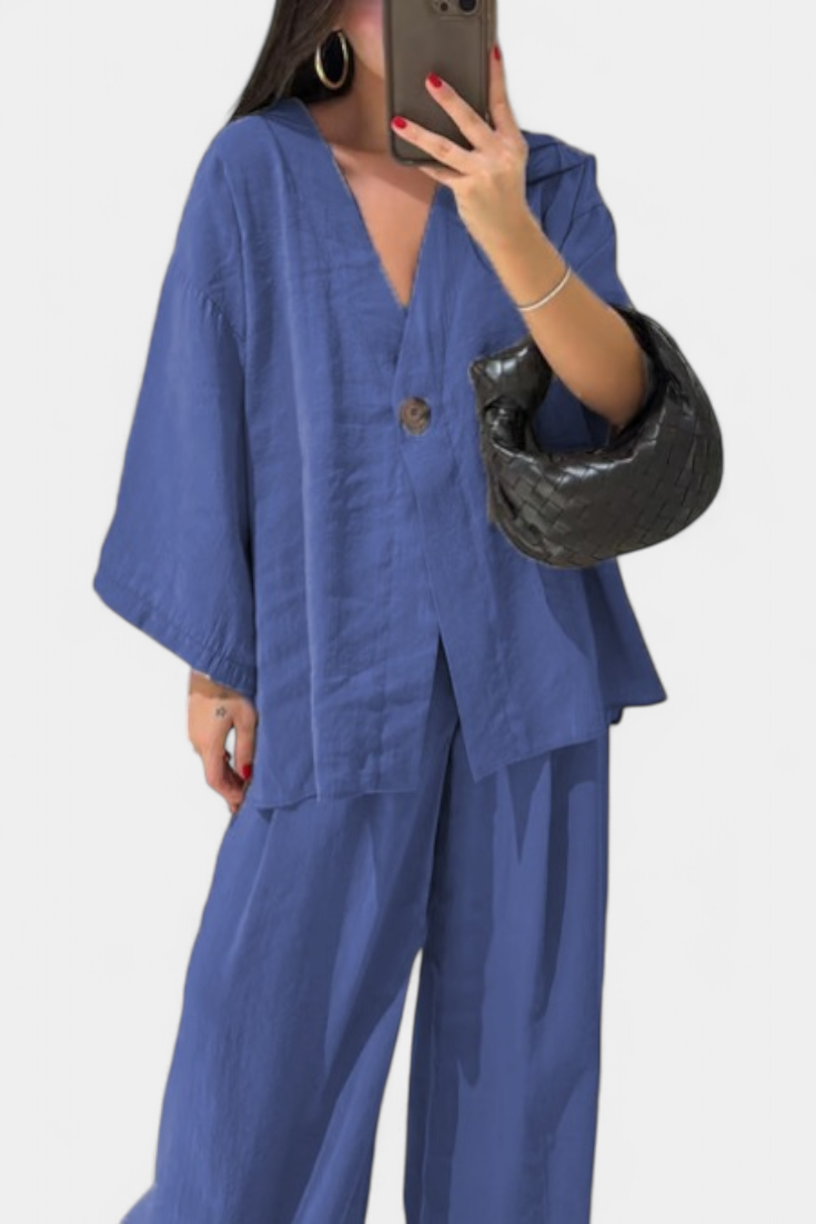 Linda V-Neck Top with Straight-Leg Pants Set