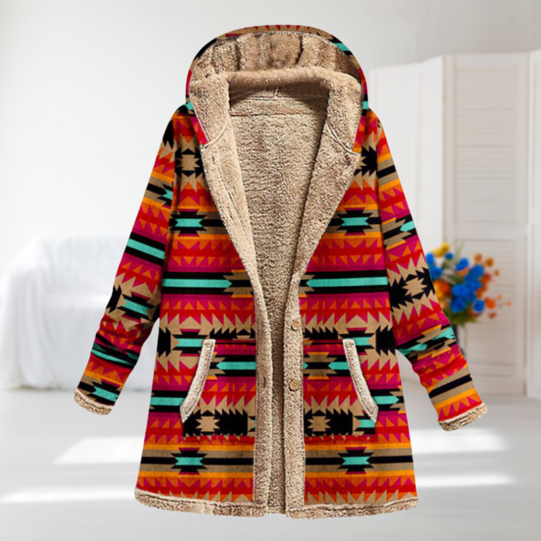 Milena | Orange Aztec Hooded Fleece Coat