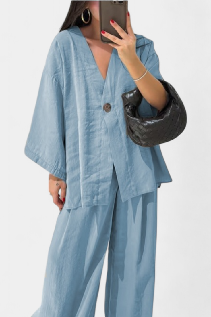 Linda V-Neck Top with Straight-Leg Pants Set