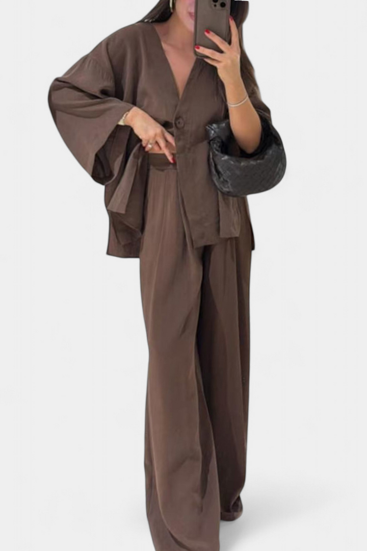 Linda V-Neck Top with Straight-Leg Pants Set
