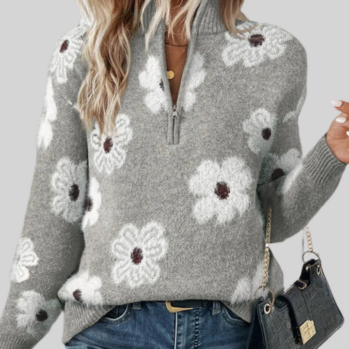 Melania | Floral Cable-Knit Quarter-Zip Sweater