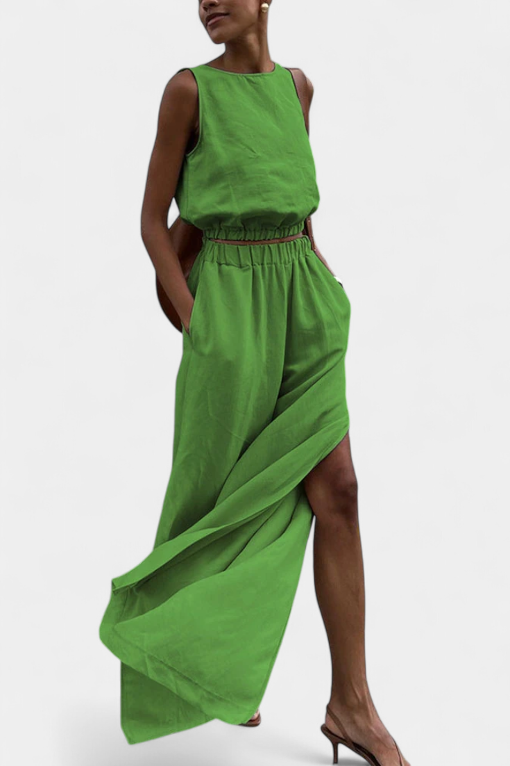 Nora Sleeveless Cotton-Linen Set with Wide-Leg Trousers