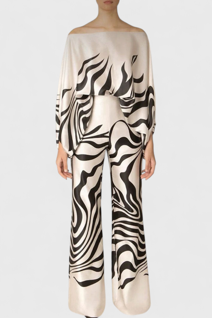 Artistic Print Off-the-Shoulder Top and Wide-Leg Pants Set by Giulia