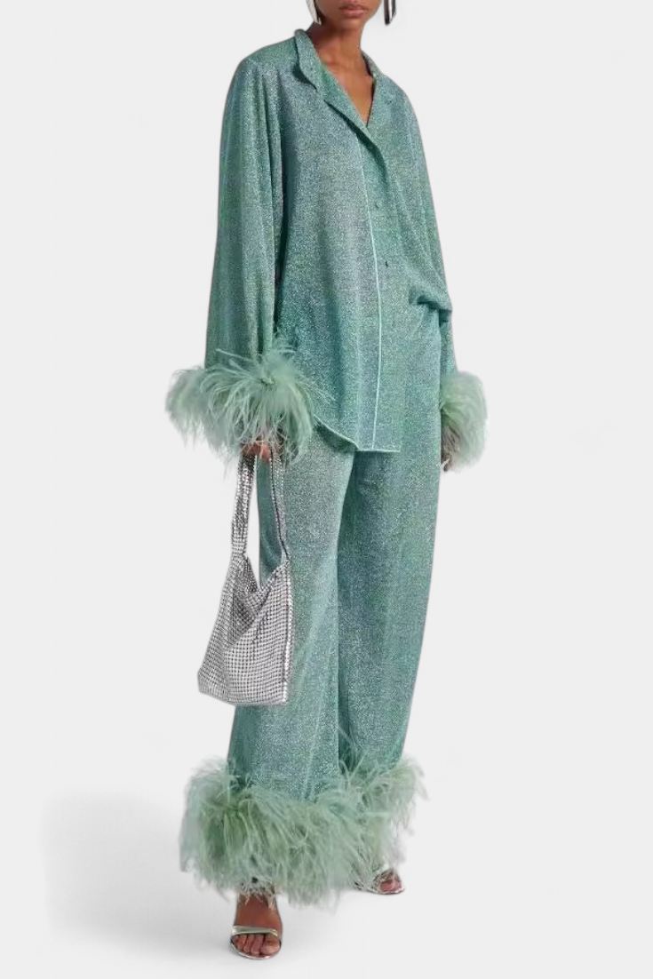 Noemi Long Sleeve Blouse & Casual Pants Set with Feather Necklace