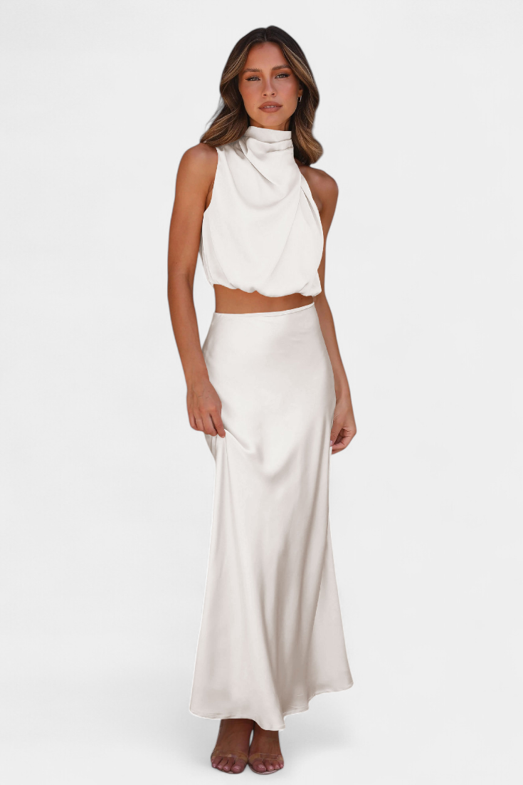 Miranda Two-Piece Draped Halter Neck Set with Open Back Design