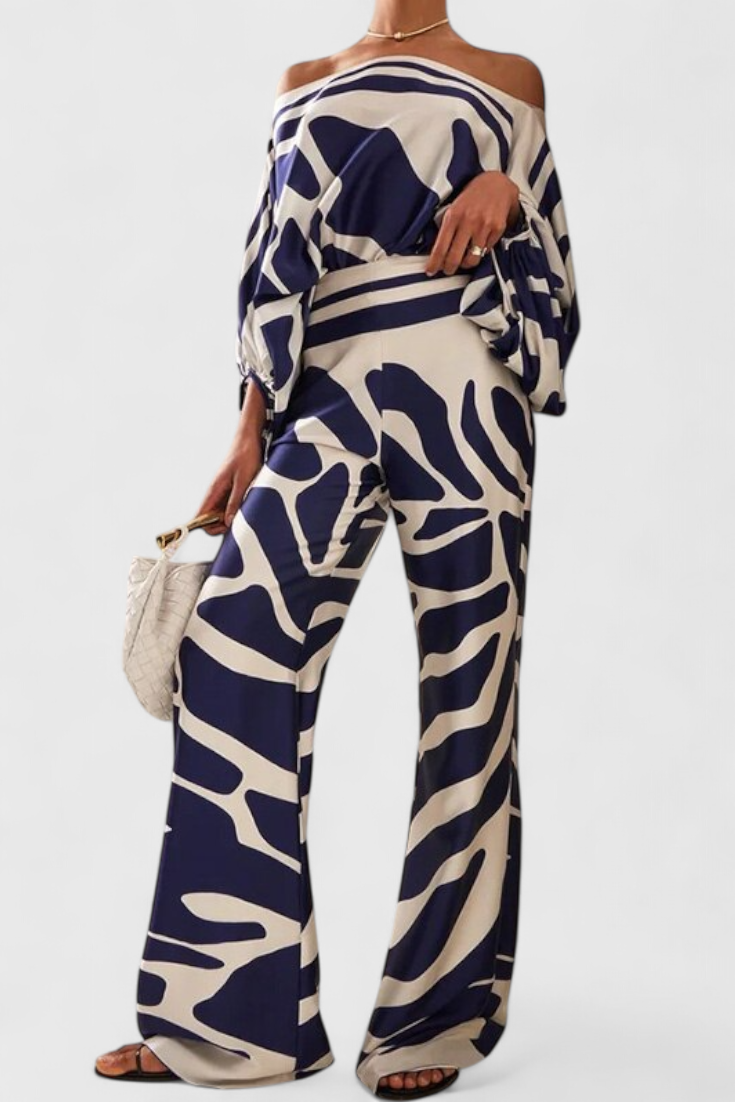 Artistic Print Off-the-Shoulder Top and Wide-Leg Pants Set by Giulia