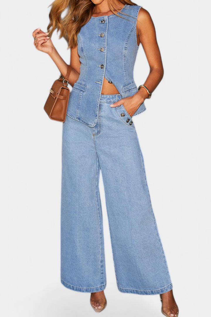 Marinella Denim Set: Fitted Sleeveless Jacket & Wide-Leg Jeans