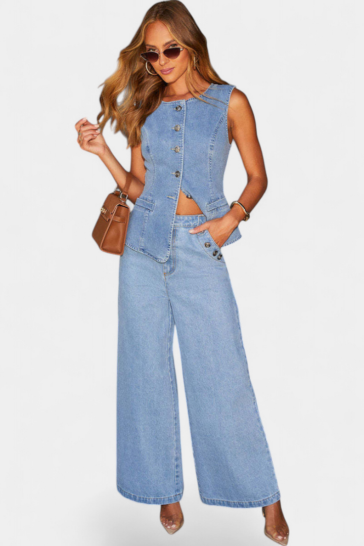 Marinella Denim Set: Fitted Sleeveless Jacket & Wide-Leg Jeans