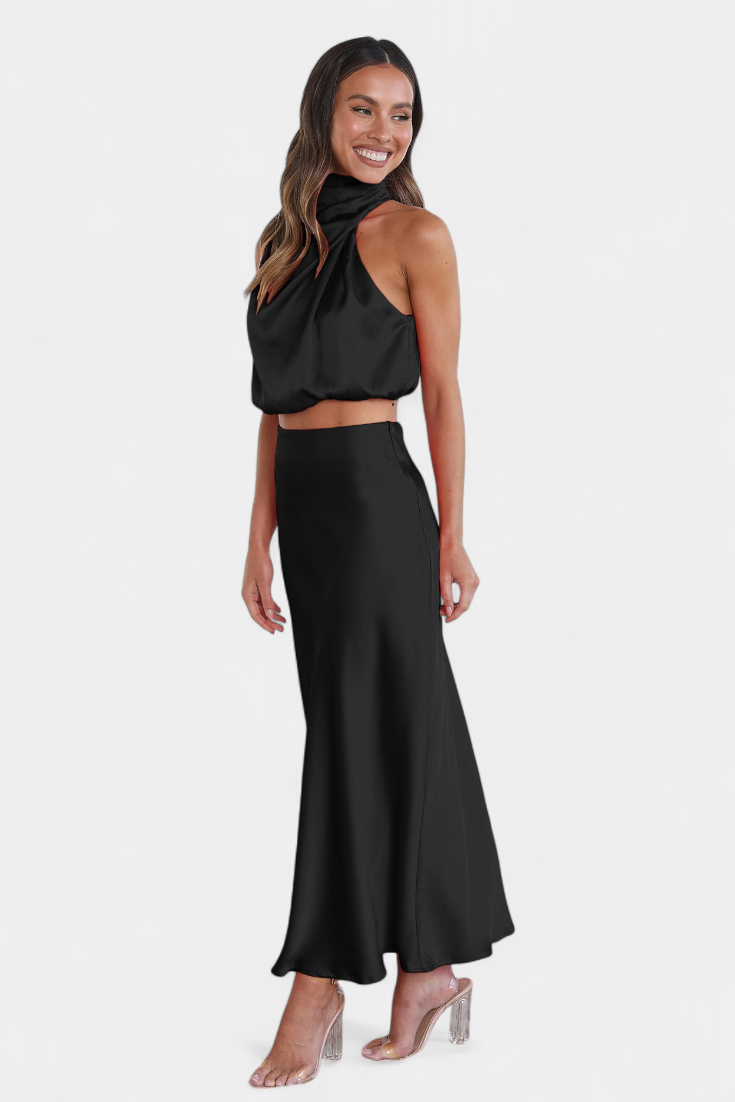 Miranda Two-Piece Draped Halter Neck Set with Open Back Design