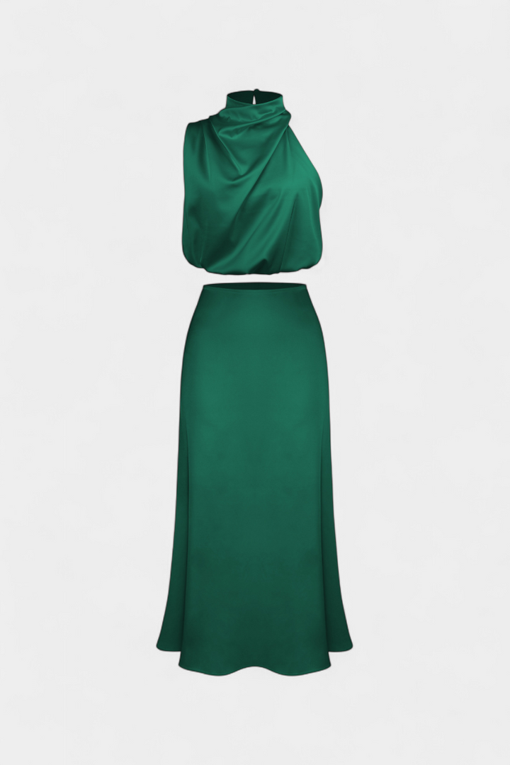 Miranda Two-Piece Draped Halter Neck Set with Open Back Design