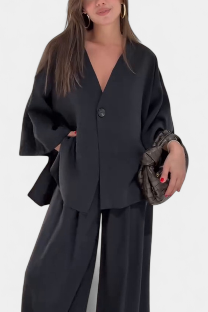 Linda V-Neck Top with Straight-Leg Pants Set