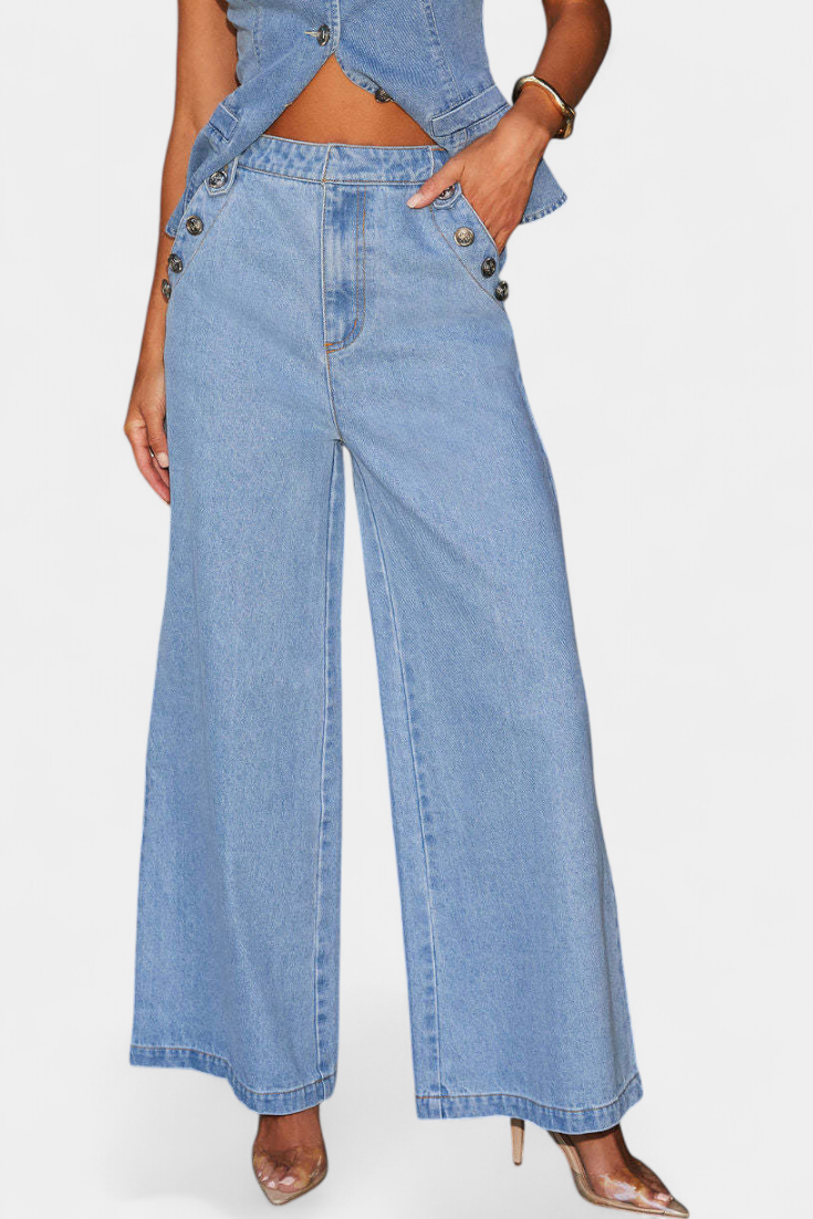 Marinella Denim Set: Fitted Sleeveless Jacket & Wide-Leg Jeans