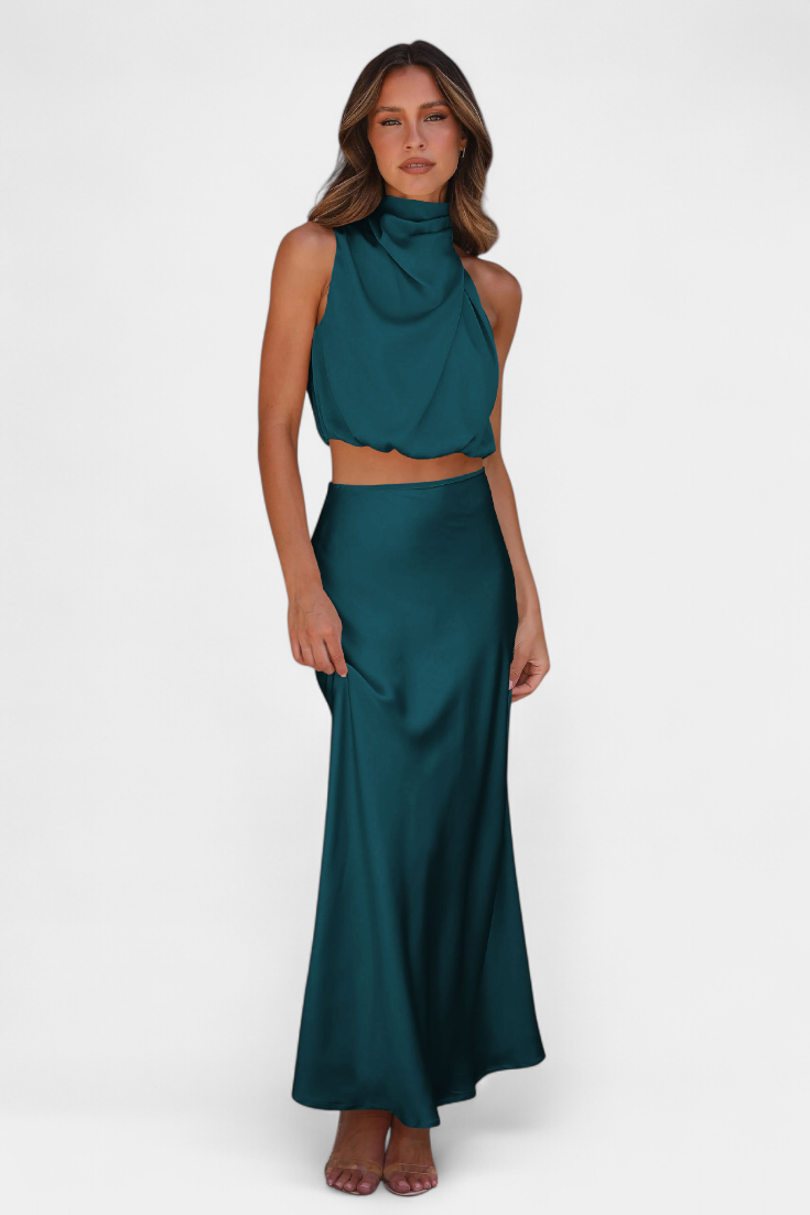 Miranda Two-Piece Draped Halter Neck Set with Open Back Design