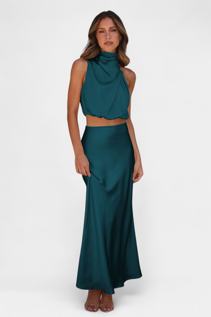 Miranda Two-Piece Draped Halter Neck Set with Open Back Design