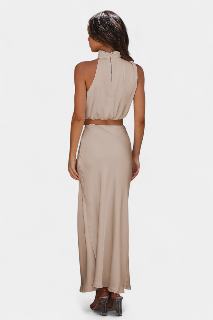 Miranda Two-Piece Draped Halter Neck Set with Open Back Design