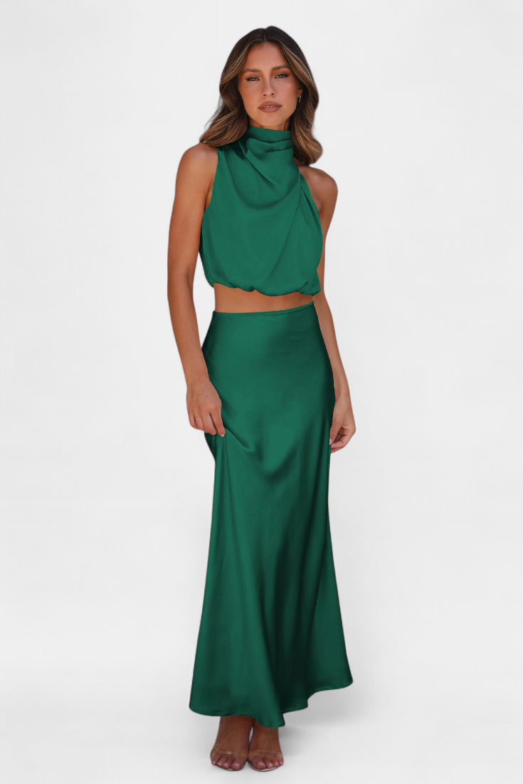 Miranda Two-Piece Draped Halter Neck Set with Open Back Design