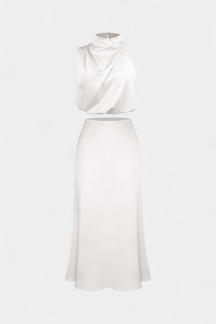 Miranda Two-Piece Draped Halter Neck Set with Open Back Design