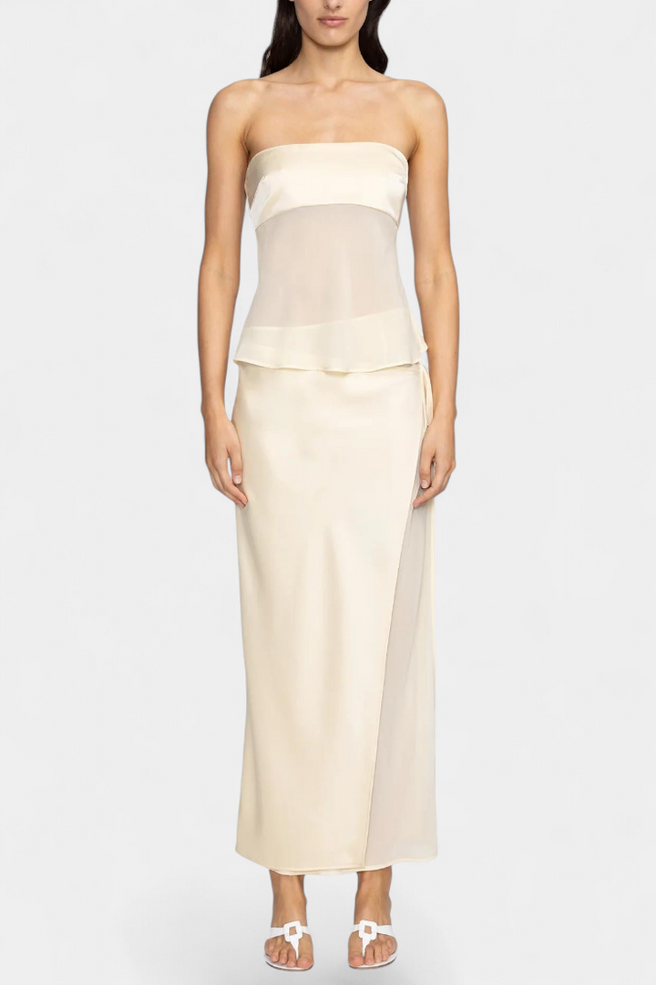 Luna Satin Bustier Set with Structured Design and Asymmetrical Midi Skirt