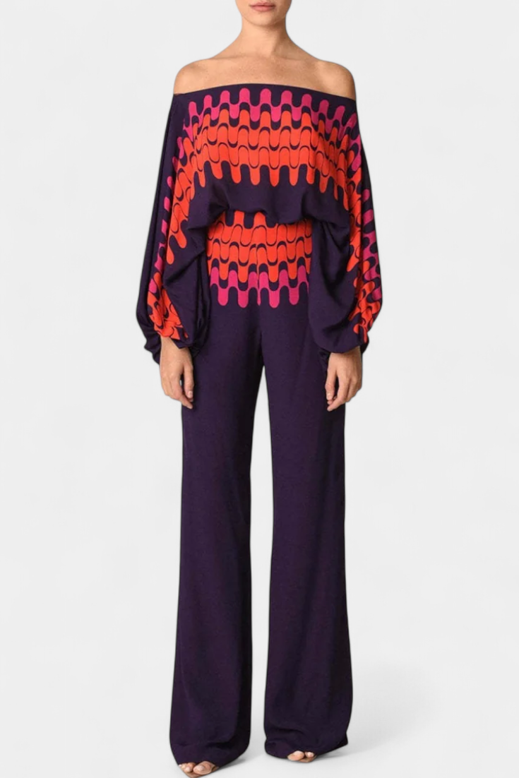 Artistic Print Off-the-Shoulder Top and Wide-Leg Pants Set by Giulia