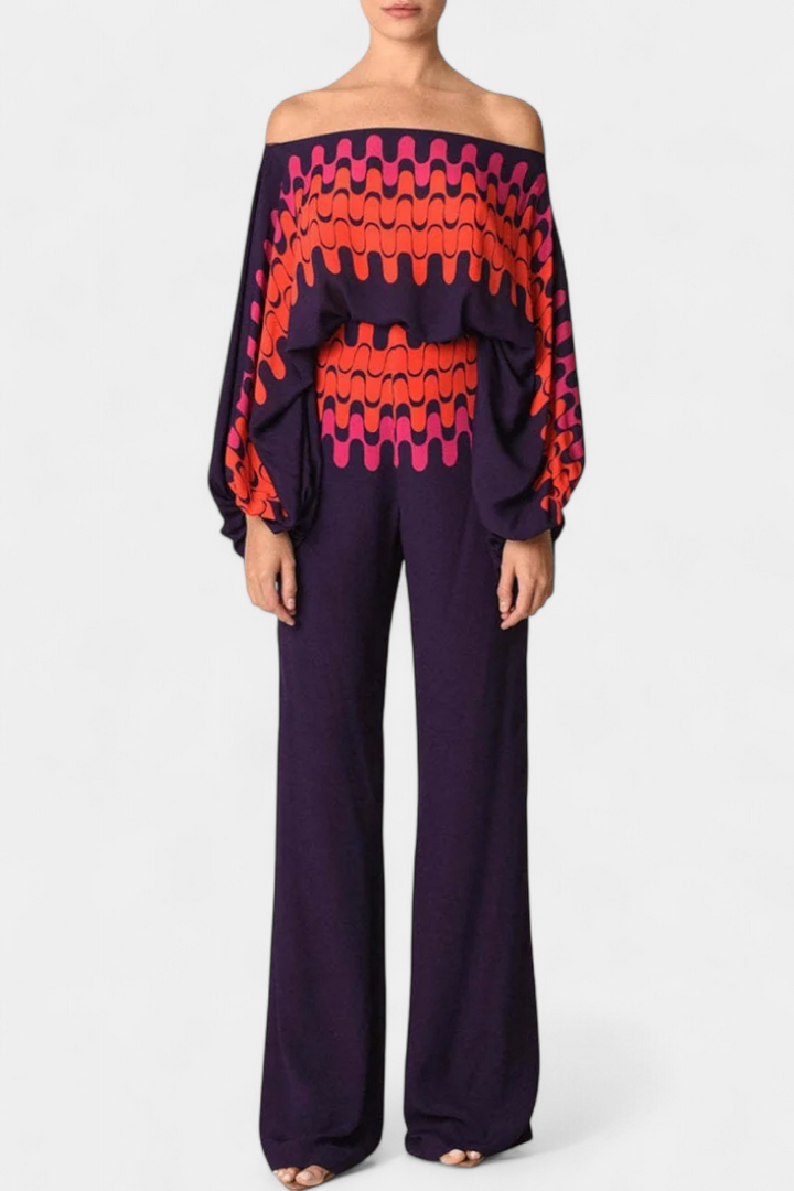 Artistic Print Off-the-Shoulder Top and Wide-Leg Pants Set by Giulia