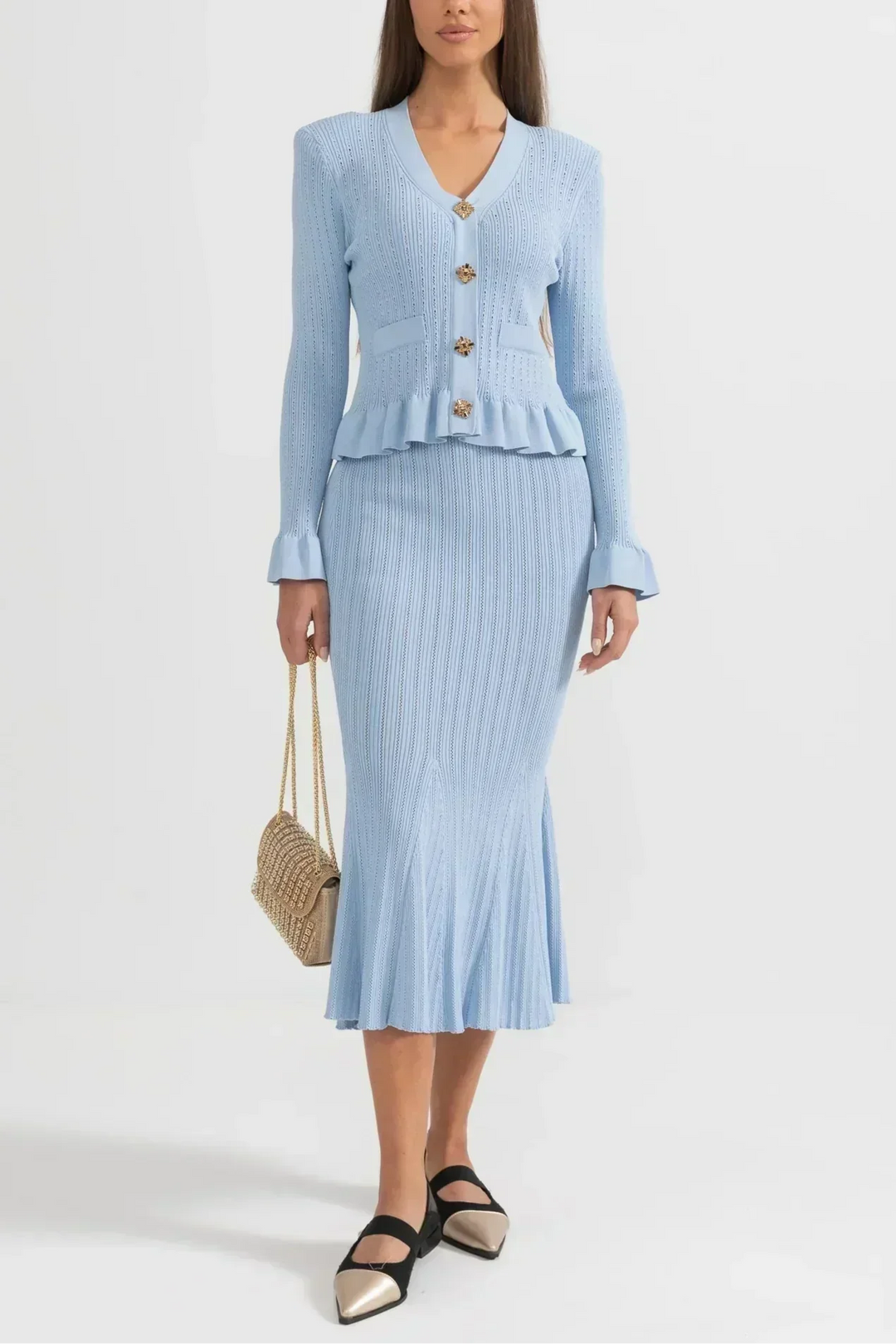 Sofia Knit Ensemble: Ruffled Cardigan and Flared Midi Skirt