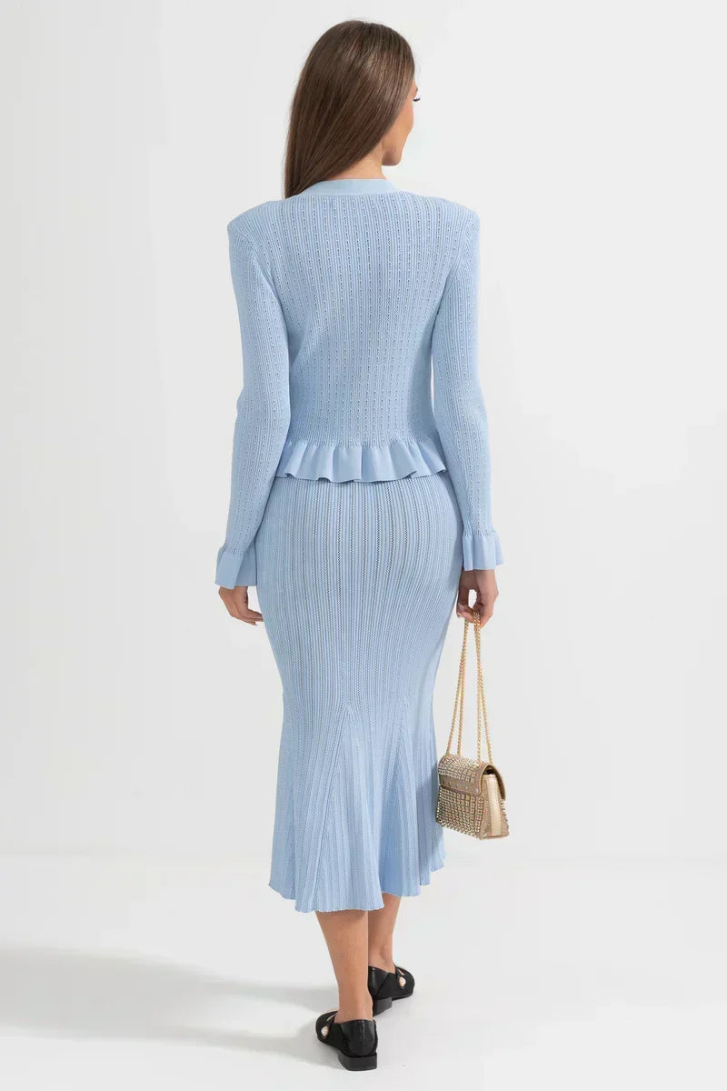 Sofia Knit Ensemble: Ruffled Cardigan and Flared Midi Skirt