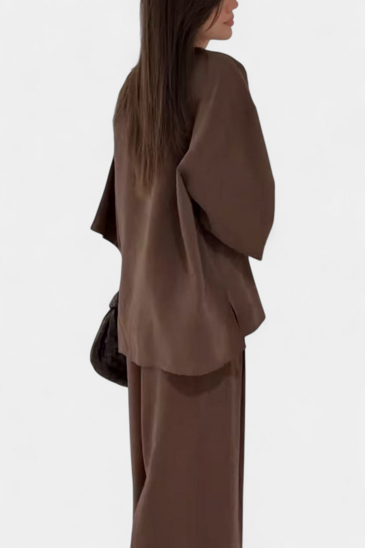 Linda V-Neck Top with Straight-Leg Pants Set