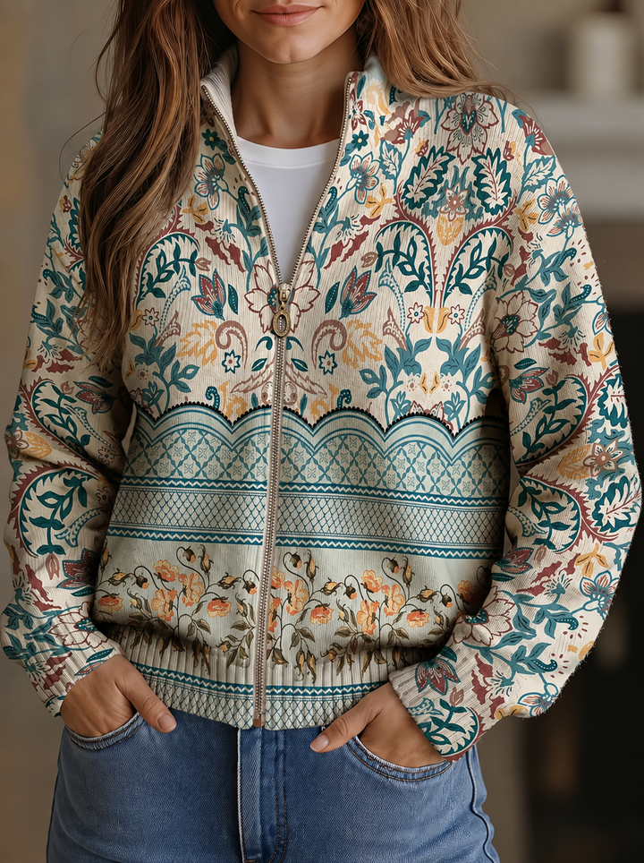 Luciana | Botanical Border Zip Cardigan