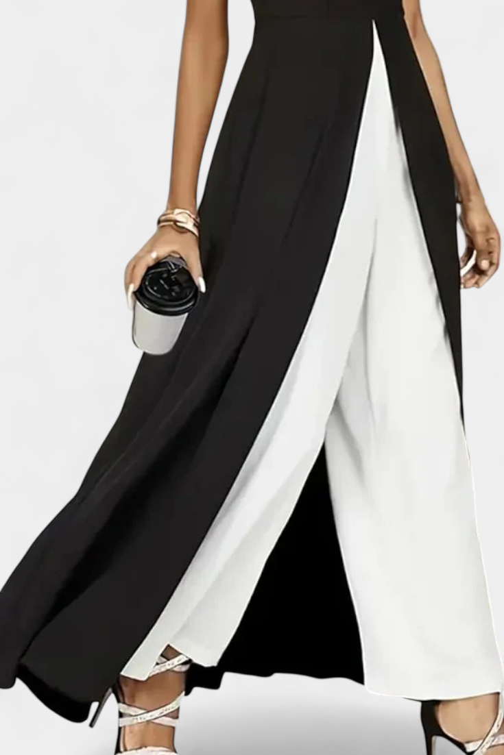 Arianna Two-Tone Sleeveless Layered Long Set with Flared Pants
