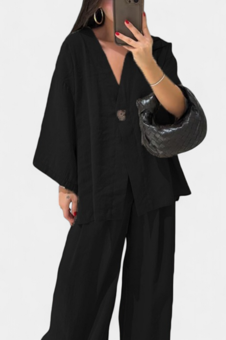 Linda V-Neck Top with Straight-Leg Pants Set