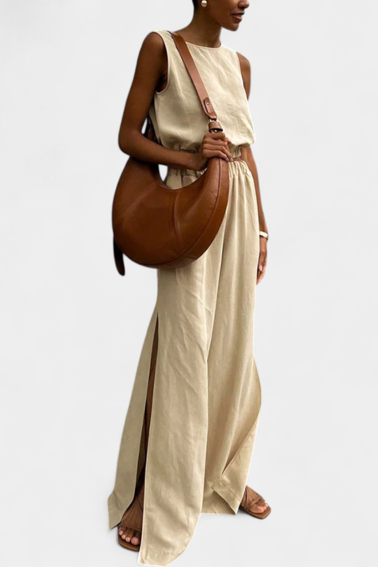 Nora Sleeveless Cotton-Linen Set with Wide-Leg Trousers